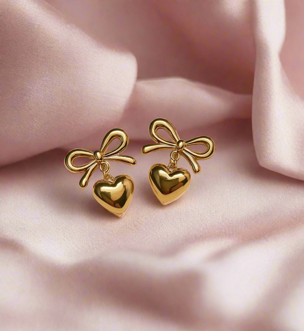Girly Jewells Lush Heart β€οΈ Bow Stud Earrings  18K Gold Plated, Waterproof Stainless Steel with Smooth Finish ππ